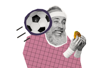 Composite photo collage of pensioner man eat burger fast food harmful meal football ball smash face grimace isolated on painted background