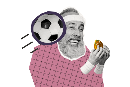 Composite photo collage of pensioner man eat burger fast food harmful meal football ball smash face grimace isolated on painted background