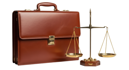 Isolated scale of justice with briefcase