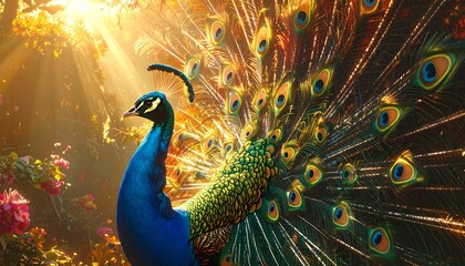 Obraz premium A magnificent peacock, its vibrant plumage displayed against a backdrop of radiant sunlight and blossoms, radiates beauty and serenity.