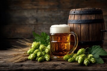 Beer. Still life with Vintage beer barrel and glass light beer. Fresh amber beer concept. Green hop and gold barley on wooden table. Ingredients for brewery. Brewing traditions. MZ 