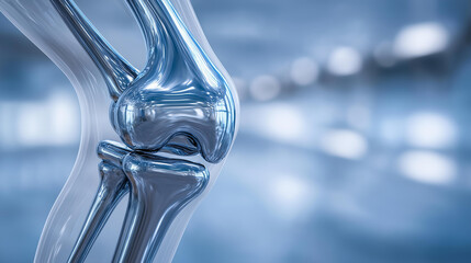 Macro shot of artificial knee joint surface polished mirror-like, surgeon’s instruments blurred in bright background.