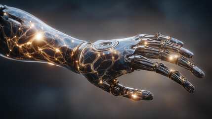 Extreme close-up of modern robotic prosthetic limb, mechanical joints polished and luminous, artificial skin blending naturally, sharp illumination creating contrast.