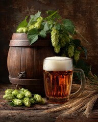 Beer. Still life with Vintage beer barrel and glass light beer. Fresh amber beer concept. Green hop and gold barley on wooden table. Ingredients for brewery. Brewing traditions. MZ 