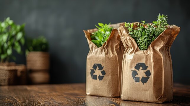 Eco-friendly packaging featuring sustainable herbs and plants in modern recyclable bags promoting organic lifestyle and vibrant home decoration