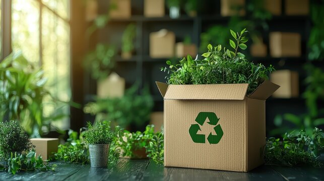 Eco-friendly recycling box filled with vibrant plants and greenery, showcasing sustainable indoor gardening for a healthy home and workspace decor