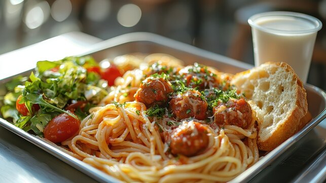 Delicious gourmet pasta with meatballs, fresh salad, and bread creating a vibrant dining experience with colorful presentation and culinary flavors