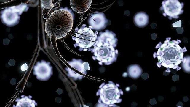the West Nile virus entering a mosquito&rsquo;s salivary glands, glowing like shards of light waiting to be injected