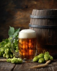 Beer. Still life with Vintage beer barrel and glass light beer. Fresh amber beer concept. Green hop and gold barley on wooden table. Ingredients for brewery. Brewing traditions. MZ 