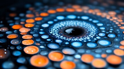 Abstract circular design of swirling, concentric circles of orange and blue dots.  A dark center is visible
