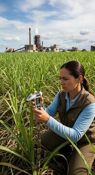 A woman examines a sugar cane plant with a refractometer, amidst a field and a factory in the background.