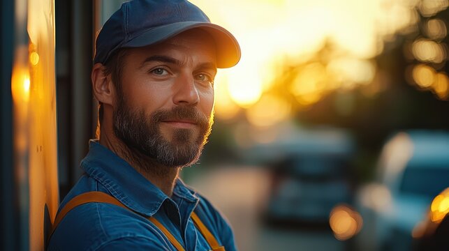 Smiling man in casual denim attire with cap at sunset showcasing confidence and warmth in an engaging outdoor portrait scene