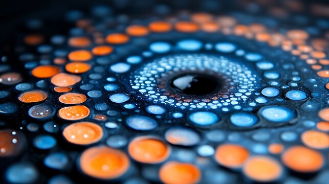 Abstract circular design of swirling, concentric circles of orange and blue dots.  A dark center is visible - Powered by Adobe