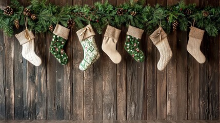 Charming Christmas stockings hanging on rustic wooden background with festive greenery, pinecones, and joyful holiday decorations for cozy winter atmosphere