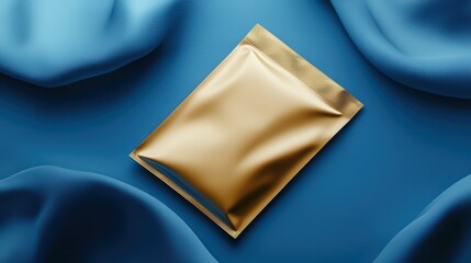 Elegant gold packaging mockup showcasing modern design, creative branding, and commercial appeal against a vibrant blue background