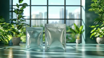 Stylish transparent packaging bags designed for modern product display with eco-friendly materials, vibrant greenery, and minimalist aesthetic