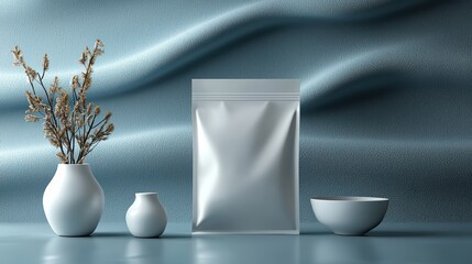 Modern minimalist packaging design featuring white product bag with elegant vases and floral decor against a smooth textured background
