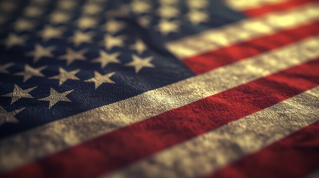 Close-up of American flag fabric showcasing vibrant red, white, and blue colors with stars and stripes symbolizing patriotism and national pride