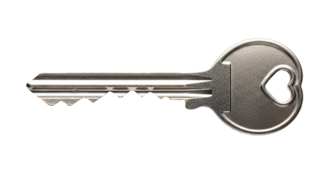 Isolated key with a heart in the handle, shiny metallic finish with detail, love of home