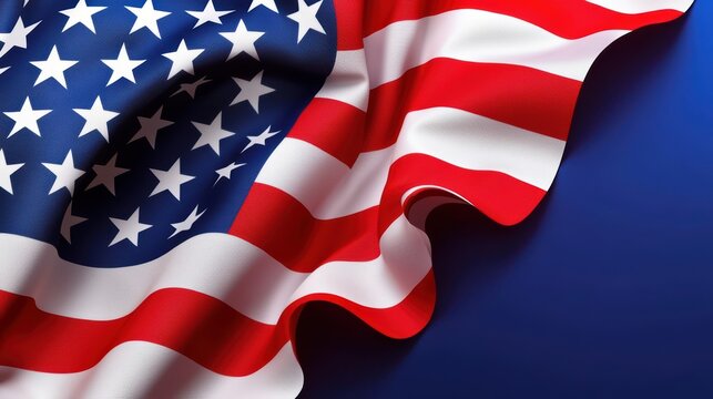 Vibrant American flag waving gracefully, showcasing patriotic colors red, white, blue, stars, stripes, symbol of freedom and national pride