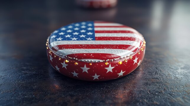 Vibrant round decorative American flag design featuring glossy red, white, and blue colors with stars and stripes for patriotic celebrations and events