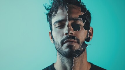 Artistic portrait of a man showcasing emotional depth with a split face in modern abstract design, creating a striking visual impact and unique expression