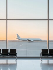 Empty airport terminal waiting area seats facing large window with sunset lit runway and taxiing airplane in background