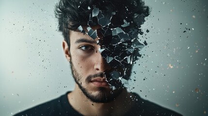 Innovative male portrait featuring shattered glass effect showcasing emotional expression and modern artistic design in surreal photography