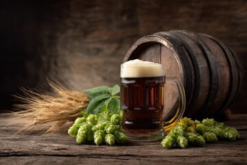 Beer. Still life with Vintage beer barrel and glass light beer. Fresh amber beer concept. Green hop and gold barley on wooden table. Ingredients for brewery. Brewing traditions. MZ 