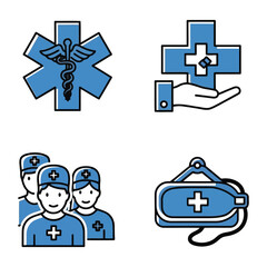 Obraz premium Medical services and emergency care icon set with doctor team, first aid bag, and health symbols