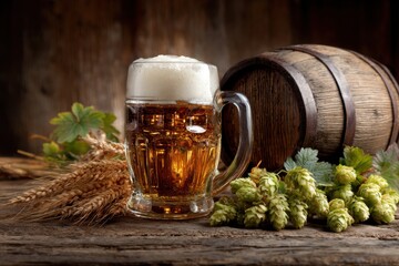 Beer. Still life with Vintage beer barrel and glass light beer. Fresh amber beer concept. Green hop and gold barley on wooden table. Ingredients for brewery. Brewing traditions. MZ 