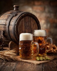 Beer. Still life with Vintage beer barrel and glass light beer. Fresh amber beer concept. Green hop and gold barley on wooden table. Ingredients for brewery. Brewing traditions. MZ 