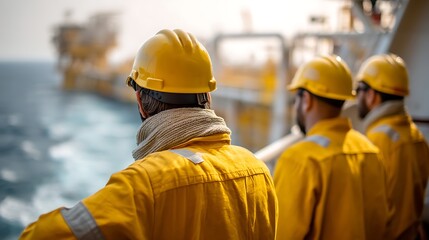Active oil rig workers on offshore platform