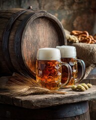 Beer. Still life with Vintage beer barrel and glass light beer. Fresh amber beer concept. Green hop and gold barley on wooden table. Ingredients for brewery. Brewing traditions. MZ 