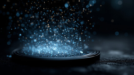 Sparkling Energy Ascent: An abstract representation of energy ascending, showcasing a circular platform and vibrant, luminous particles in a dark setting.