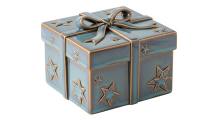 Isolated teal ceramic gift box with gold star accents and ribbon, luxurious present