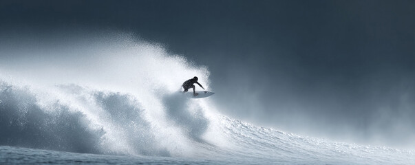 Epic ocean scene A surfer conquers a massive wave. Powerful motion and dynamic composition. Symbolizes adventure, skill, freedom, and overcoming challenges.