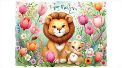 Fototapeta premium Adorable lion parent and cub celebrate happy mothers day amidst colorful spring tulips
