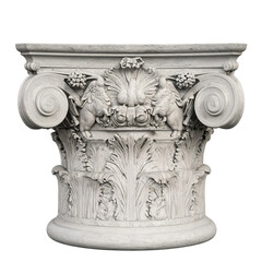 A Roman-style pedestal with ornate carvings, isolated on white background, representing sophistication and classical design, ideal for artistic branding