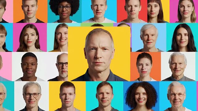 Diverse Group of Faces Arranged in a Grid Pattern with Contrasting Vibrant Color Blocks Background