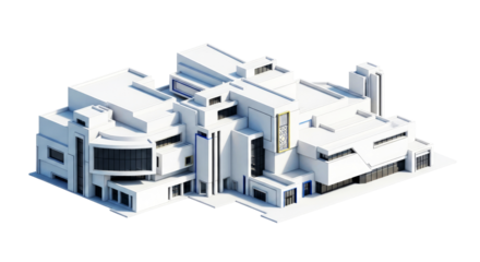 modernist architectural marvel a pristine white 3d model of a geometric building, isolated on transparent background
