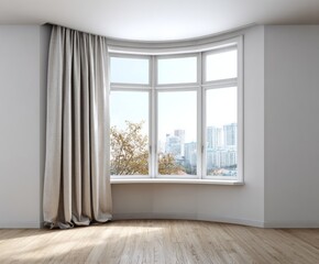 Fototapeta premium Empty room with a bay window featuring light beige curtains, showcasing a view of a city skyline.