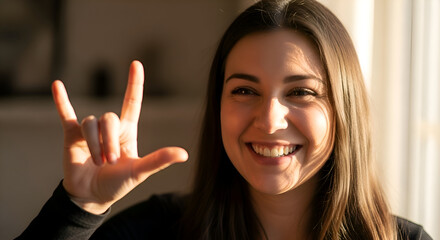A young woman with a warm smile, her hand raised in a sign language gesture conveying love or connection, bathed in the soft, natural light of a sunset
