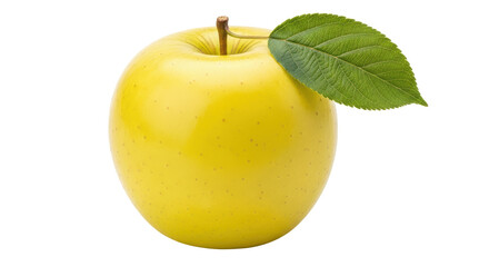 Isolated yellow delicious apple with leaf, a fruit high in vitamins and nutrients; healthy food