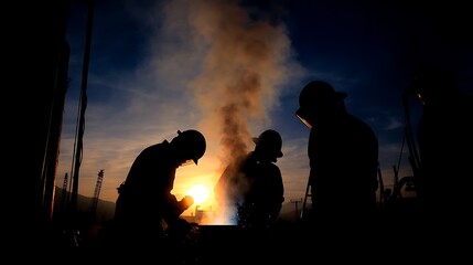 Craftsmen at work in a workshop, silhouetted against a vibrant sunset.