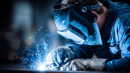 A skilled welder in protective gear works on a metal piece, creating a bright blue glow of sparks.
