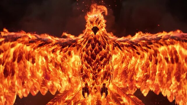 Dynamic phoenix rising from flames with wings spread, representing strength, rebirth, and transformation against a dark backdrop