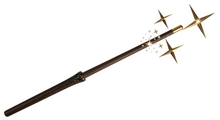 Isolated magical fantasy wand with golden stars, wizardry, and fairytale charm in action