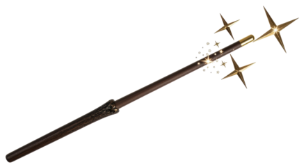 Isolated magical fantasy wand with golden stars, wizardry, and fairytale charm in action
