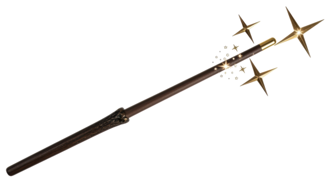 Isolated magical fantasy wand with golden stars, wizardry, and fairytale charm in action